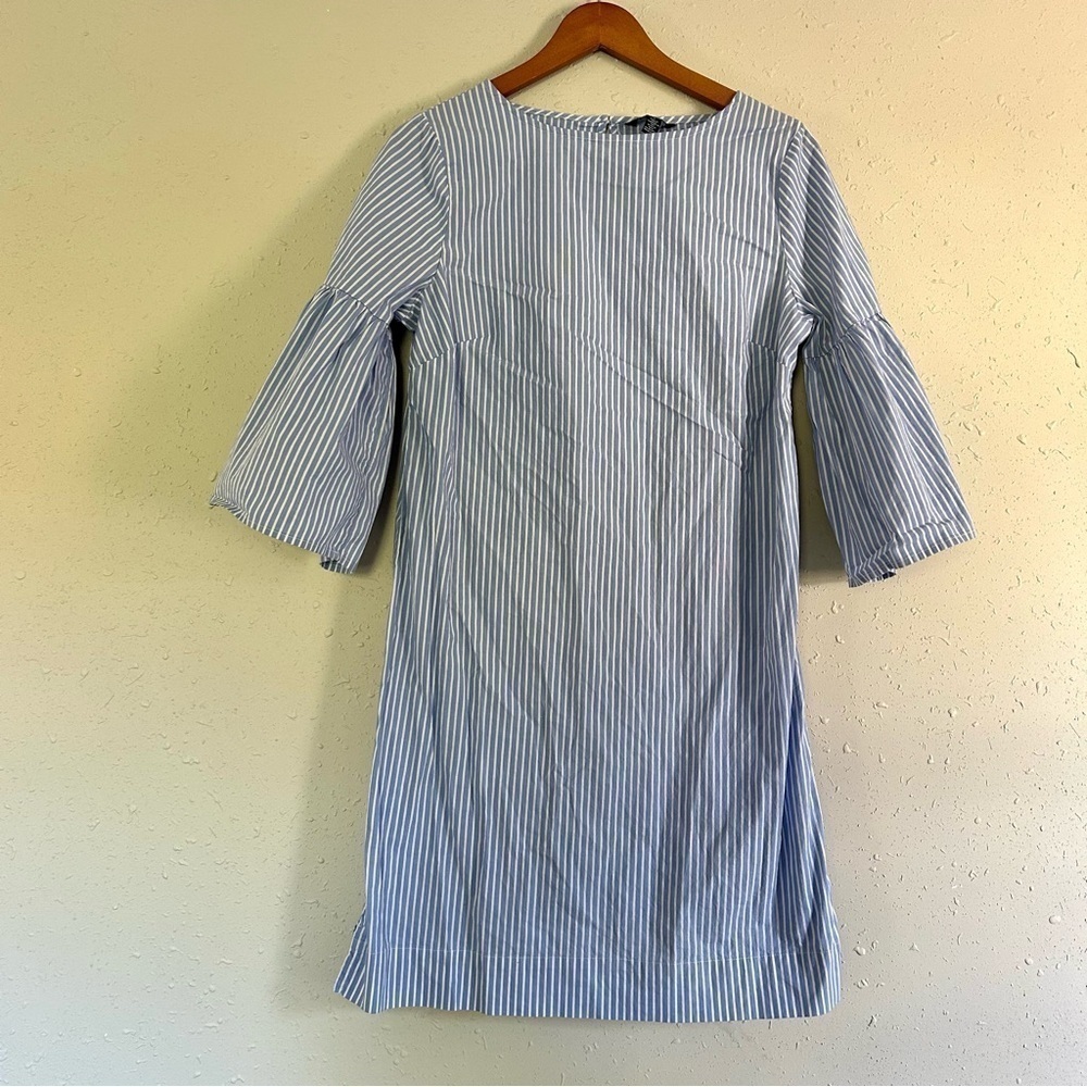 🦋 Chaps Blue White Pin Striped 3/4 Bell Sleeve Mini Dress Medium